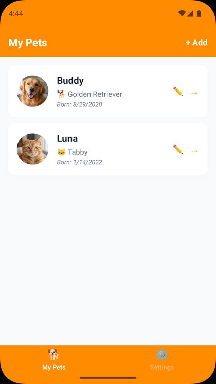 Pet list with Buddy the Golden Retriever and Luna the tabby.